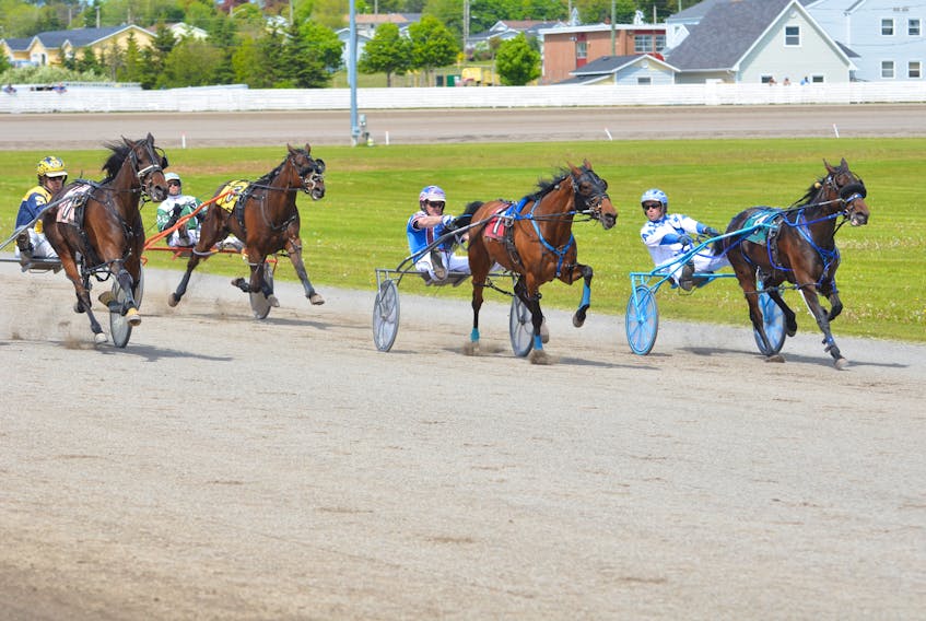 The Stephen Shepherd-driven West River Ambyr, left, charges towards the wire in the first of two $3,870 Atlantic Aged Pacing Mares Series events at Red Shores at Summerside Raceway on Sunday afternoon. Adam Merner drove Brief Interlude, right, to a second-place finish; driver Jason Hughes and Best Risque, 1, were third and Malabrigo, driven by Marc Campbell, finished fifth.