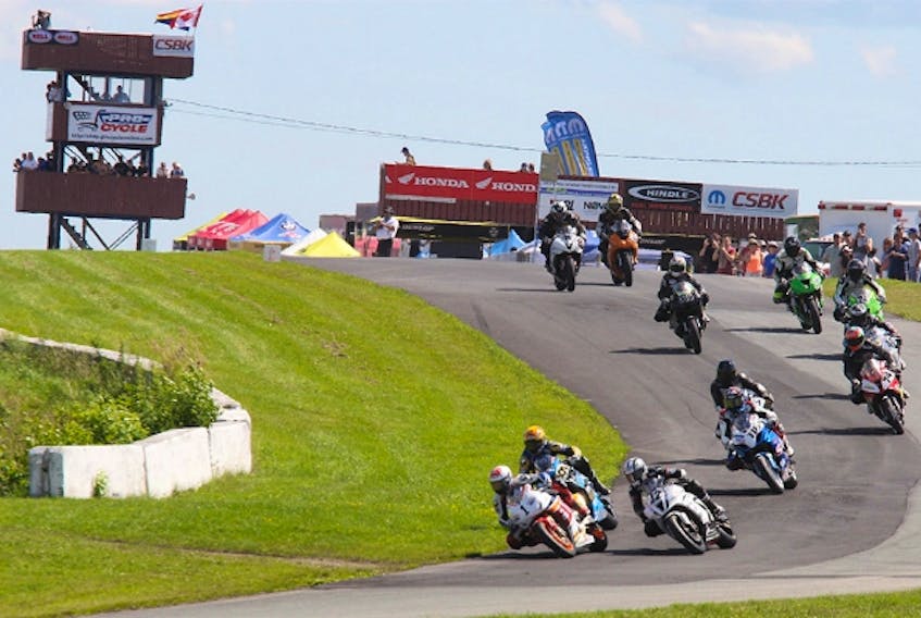 The 600cc professionals head toward turn two during the Canadian Superbike Championship from July 19 to 22, held at Atlantic Motorsport Park near Shubenacadie.