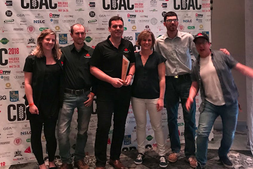 (Left to right) Sheila Bird, Adam Roscoe, Henry Pedro, Emily Tipton, Nick Williams and Andrew Cooper celebrate Boxing Rock Brewing Company’s second-place finish at the 2018 Canadian Brewing Awards and Conference, held May 24-26 in Halifax.
