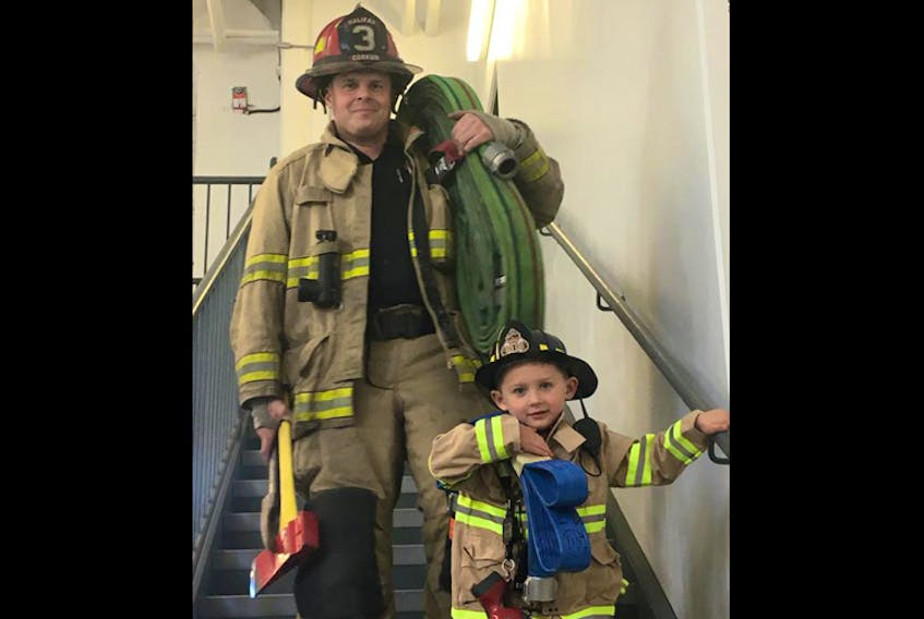 Retaining and recruiting volunteer firefighters is a problem many fire departments face. The Municipality of the District of Lunenburg is developing a retention/recruitment strategy for its 24 fire departments. Middle LaHave resident Kevin Corkum hopes his son, Liam, 5, becomes a firefighter like him and his father, Frank.  - Amanda Corkum