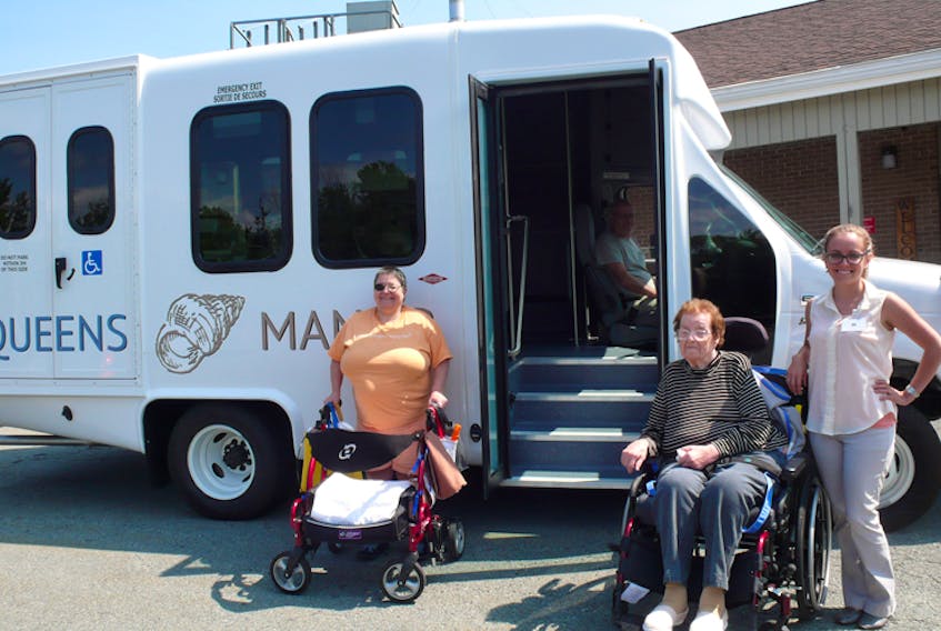 Pictured with the new Queens Manor van are, from left, resident Avis Doubleday, driver Peter Howard, resident Catherine Rudderham and recreation director Jill Cole.
