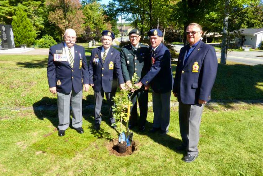 The official planting of the Vimy Oak took place on Sept. 29 at the Veterans Memorial Park in Bridgewater where it will have room to grow for generations to enjoy. In attendance was, from left, Cmdr. Zone 13 Darryl Cook, Comrade John MacDonald, honorary Col. Don Downe of the West Nova Scotia Regiment, Bridgewater Royal Canadian Legion Branch 24 president Wayne Thorburne and h 24 and Chaplain Willis Ott.