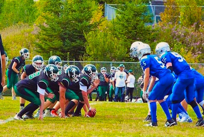 The St. Stephen Spartans and the Kennebecasis Valley Crusaders will face off this Saturday at Mount Allison’s Alumni Field in the 10-man high school football provincial championship game. Above, the two teams matched up earlier this season, when SSHS defeated KVHS 21-9.