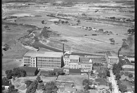 Historical aerial shot of the Stanfield woolen mill in Truro, N.S. - Nova Scotia government archives.