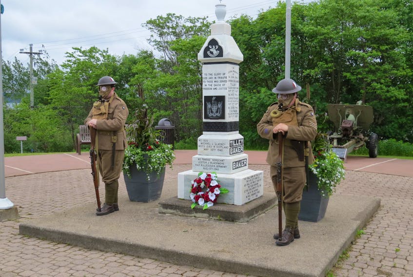 The usual crowds did not gather at the war memorial in Clarenville today, July 1. But the local branch of the Royal Canadian Legion placed a wreath in memory of the veterans of the first World War, and members of Great War Living History Committee stood vigil wearing 1916 era Regimental uniforms, and gas masks in deference to COVID-19.