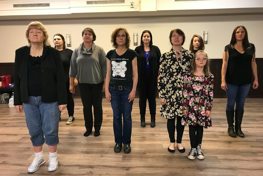 ‘The Cut Of It’ includes professional performers, and performers with lived breast cancer experience. Rehearsing a scene from the play are (left to right): Mary Costello, Laura Bradley, Amy Kavanagh-Penney, Wendi Smallwood, Yolanda Bliss, Ruth Lawrence, Lily Halley-Green, Allison Kelly, Alexis Koetting.