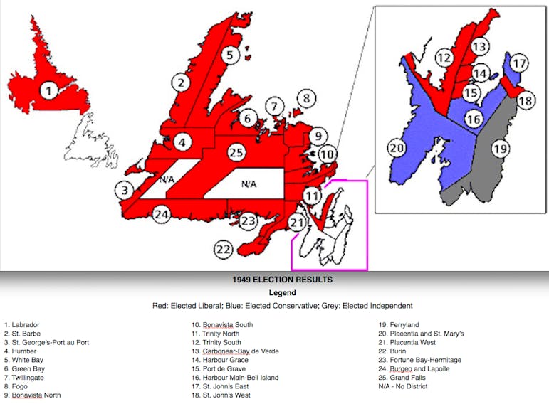 A map showing the 25 electoral districts and results from the 1949 Newfoundland election, the first in the province’s history. This map is based on one first produced by the Newfoundland Heritage website to show the results of the 1948 referendum on confederation with Canada. All the district names for the 1949 election were the same as in the referendum and as in the 1932 election that was the last for Newfoundland as a self-governing dominion nation. The 25 districts produced 28 MHAs — the two St. John's ridings, as well as Harbour Main-Bell Island, each elected two representatives.