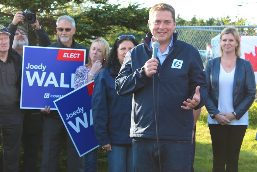 Conservative Party of Canada Leader Andrew Scheer speaks with supporters during a brief stop in St. John’s on Sunday.