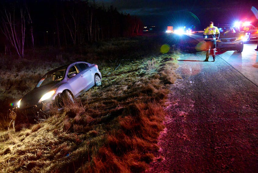 There were no serious injuries following a moose-vehicle collision on Pitts Memorial Drive Wednesday night. Keith Gosse/The Telegram