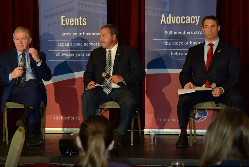 From left, NDP candidate Jack Harris, Conservative candidate Joedy Wall and Liberal incumbent Nick Whalen field questions from the audience Tuesday during a St. John’s East candidates’ debate at the Bella Vista on Torbay Road, held by the St. John’s Board of Trade.