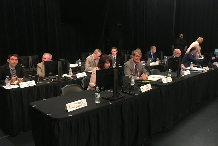 Lawyers for parties with standing at the Muskrat Falls Inquiry wait for the start of proceedings, as final submissions are offered to Commissioner Richard LeBlanc at the Lawrence O’Brien Arts Centre in Happy Valley-Goose Bay on Monday. Ashley Fitzpatrick/The Telegram