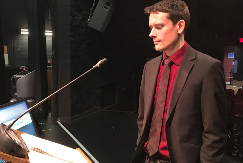Lawyer David Janzen, representing the Conseil des Innus de Ekuanitshit, prepares to give a final submission at the Muskrat Falls Inquiry hearings Wednesday at the Lawrence O’Brien Arts Centre in Happy Valley Goose Bay.