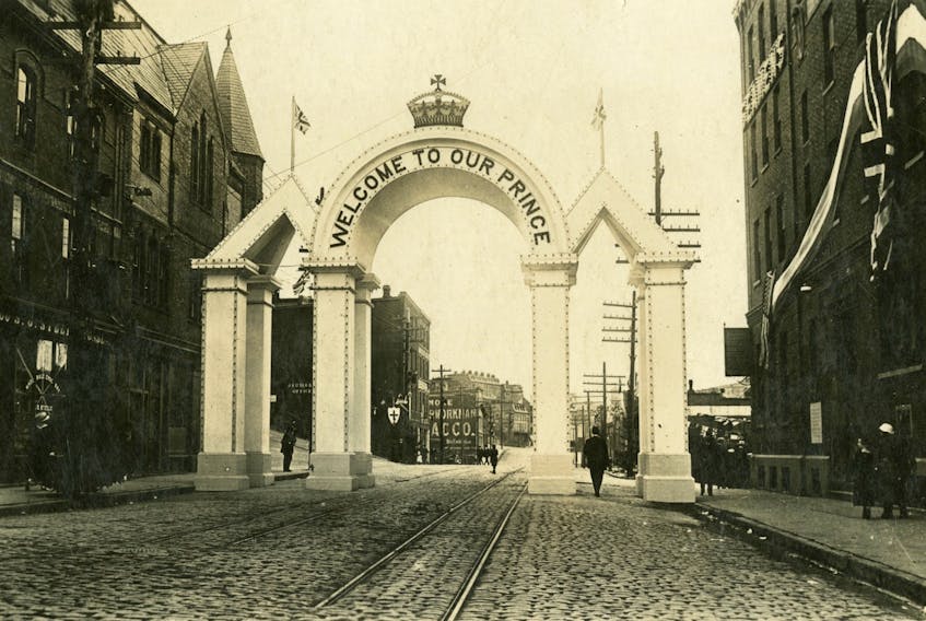 An arch erected on Water Street in St. John's in honour of the Royal visit of Edward, Prince of Wales, in August 1919.