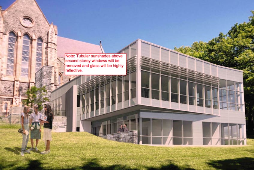 An architectural rendering of the proposed annex to be built next to the Anglican Cathedral of St. John the Baptist has a modern design that doesn’t meet the city’s development regulations, and therefore requires council approval.