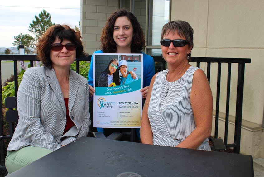 Finding a way to save women’s lives is what the Ovarian Cancer Walk of Hope is all about. Christine Lawler-Shaw (right) is one of those survivors. She was joined on Tuesday to help support the walk set for Sept. 8 at Quidi Vidi Lake. On hand to help promote the walk are Marina Whitten, the walk’s chair and a national board member of Ovarian Cancer Canada (left), and Virginia Middleton, a walk volunteer and communications co-ordinator.