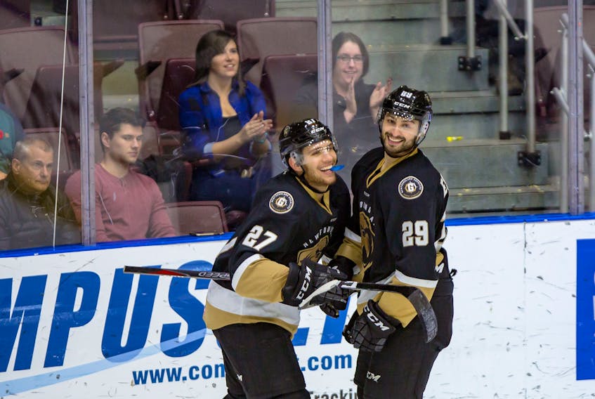 Matt Bradley (27) and Giorgio Estephan (29) are two of the 10 players who helped the Newfoundland Growlers to the ECHL championship in June who are back with the team as it begins its 2019 training camp. — Newfoundland Growlers photo/Jeff Parsons