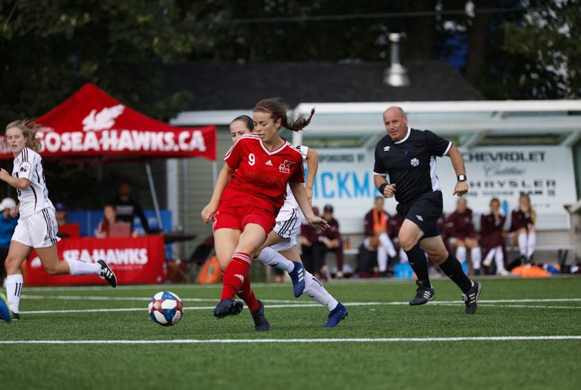 Nicole Torraville (9) was one of a trio of Memorial Sea-Hawks players to total three goals on the weekend at King George V Park in St. John’s in a two-game sweep of the Saint Mary’s Huskies in their opening games of the 2019 AUS women’s soccer season. Torraville and Holly O’Neill each tallied twice in a 5-1 win Sunday, a day after Lauren Taylor’s hat trick led Memorial to a 6-0 victory in a match that also saw Torraville and O’Neill score. — Memorial Athletics photo/Allison Wragg