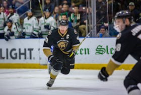After James Melindy captained the Newfoundland Growlers to an ECHL title this spring, it was obvious the Growlers would want the hometown player back with the team for a second season. It took a little while, but the 25-year-old defenceman from Goulds eventually found that was what he wanted, too, leading him to sign a new contract with the team. — Newfoundland Growlers photo/Jeff Parsons