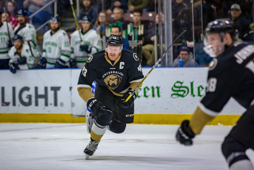 After James Melindy captained the Newfoundland Growlers to an ECHL title this spring, it was obvious the Growlers would want the hometown player back with the team for a second season. It took a little while, but the 25-year-old defenceman from Goulds eventually found that was what he wanted, too, leading him to sign a new contract with the team. — Newfoundland Growlers photo/Jeff Parsons