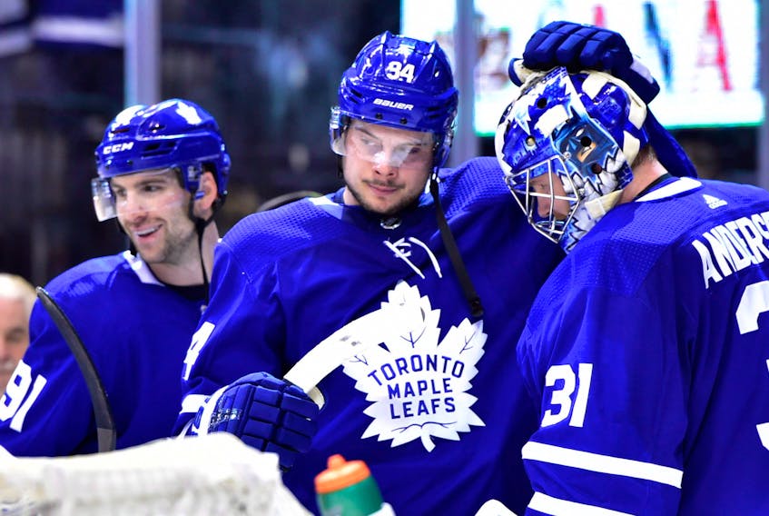Three prominent Toronto Maple Leafs — from left John Tavares, Auston Matthews and goalie Frederik Andersen — will be on the ice at the Paradise Double Ice Complex starting today as the Leafs get their 2019 training ca,p under way in Newfoundland and Labrador. Team practices and scrimmages run until Sunday, with an NHL exhibition between the Leafs and Ottawa Senators scheduled for Sunday.