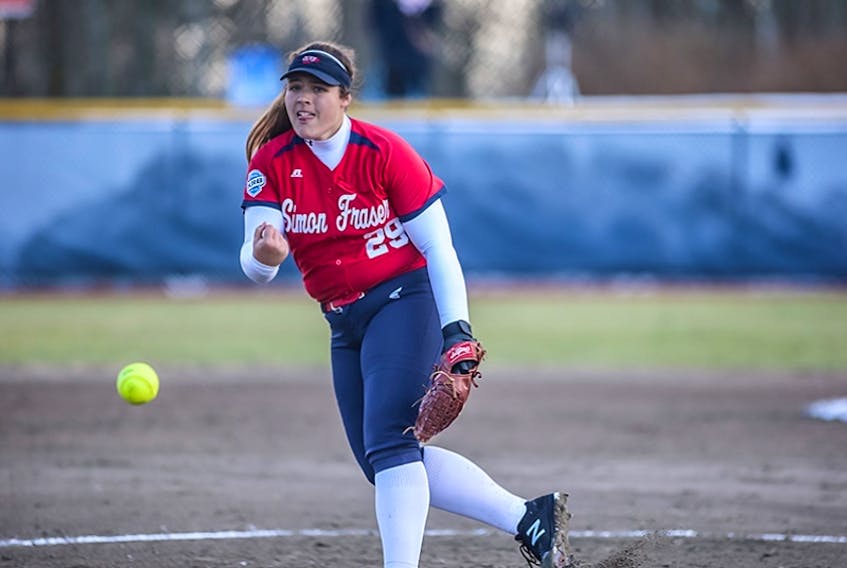 Alia Stachoski, who pitched for Simon Fraser University in her native British Columbia for three seasons, has been brought in to pitch for the Host Galway club in the national senior women’s softball championship which opens today in St. John’s. — Simon Fraser University photo