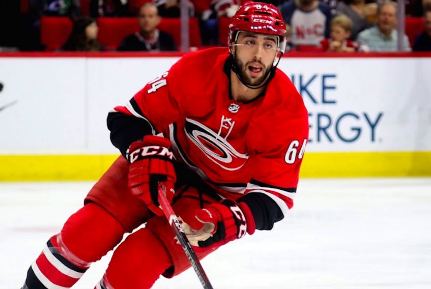 Clark Bishop suited up in 20 NHL regular-season games with the Carolina Hurricanes last season and also appeared in two Stanley Cup playoffs contests with the ‘Canes. — Carolina Hurricanes photo