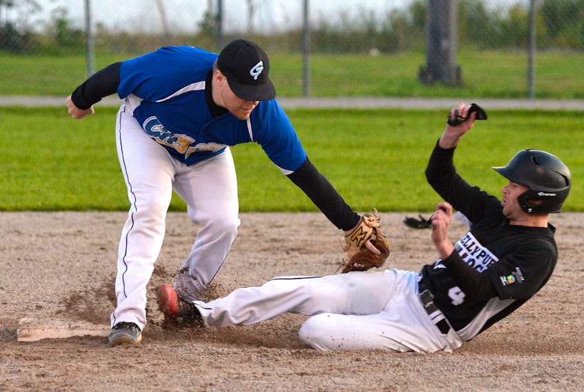Daniel Dalton of Kelly’s Pub Molson Bulldogs is tagged out at second base by 3Cheers Bud Light Dodgers second baseman Kyle Ezekiel during play in Game 1 of the St. John’s Molson senior men’s softball final Thursday evening at Lions Park.