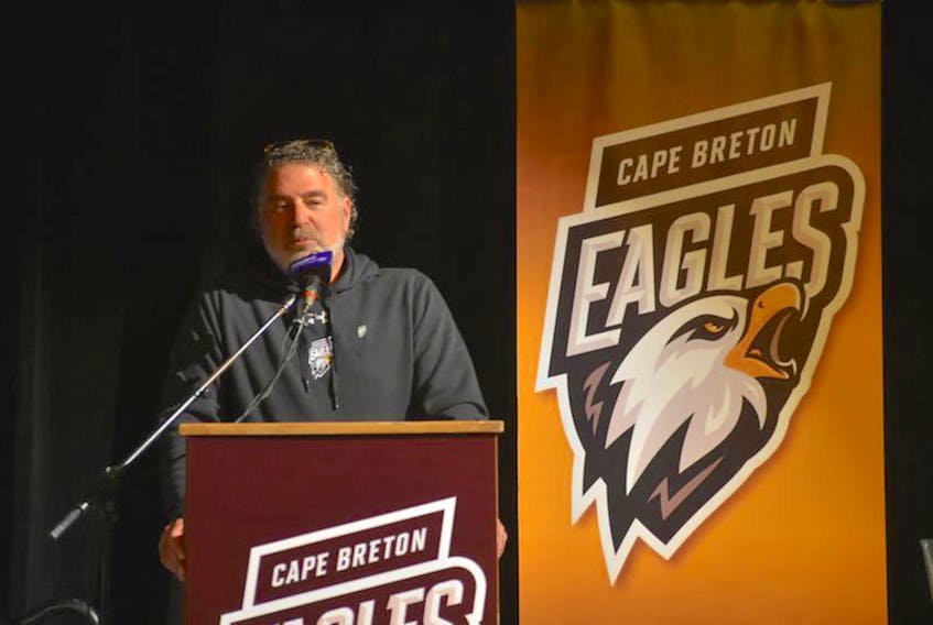 Cape Breton Eagles majority Irwin Simon speaks during a team press conference in Sydney, N.S., last week, Simon says he has no immediate intentions of being part of the organization of the NBL Canada’s Cape Breton Highlanders, but does admit it’s something he would consider.