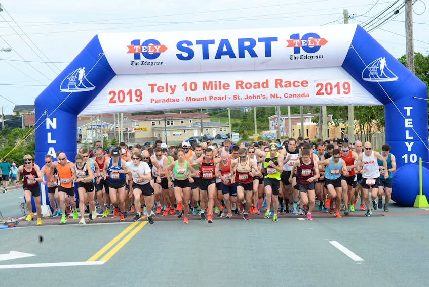 Led by defending champions Colin Fewer (3492) and Kate Bazeley (3548), the lead runners take off from the Tely 10 start line in Paradise on Sunday.  — Joe Gibbons/The Telegram