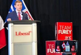 Premier Andrew Furey speaks Saturday after learning unofficial election results show his Liberal Party has won a majority in the Newfoundland and Labrador legislature. — Joe Gibbons/The Telegram