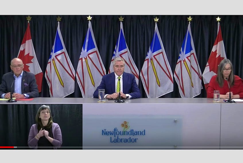 (From left) Health and Community Services Minister John Haggie, Premier Dwight Ball and the province's Chief Medical Officer Dr. Janice Fitzgerald provide details on the latest COVID-19 information during the daily briefing on Thursday, April 9. 2020. Image taken from video