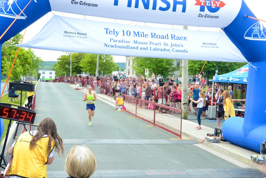 Joey Smallwood, the great grandson of the province’s first premier, prepares to cross the finish line of the Tely 10 last weekend. He finished in 15th place. — Submitted by Joey Smallwood