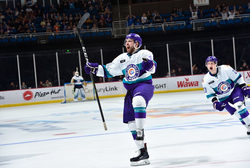 In this Dec. 29, 2018 file photo, Orlando Solar Bears defenceman and St. John’s native Cody Donaghey celebrates along with teammate Michael Brodzinski (right) after scoring a goal in an ECHL game against the Jacksonville Icemen. The 23-year-old Donaghey, who was the top scorer among Orlando defencemen last season, will be back with the Solar Bears in 2019-20 after agreeing to an ECHL contract with the team. — Orlando Solar Bears photo