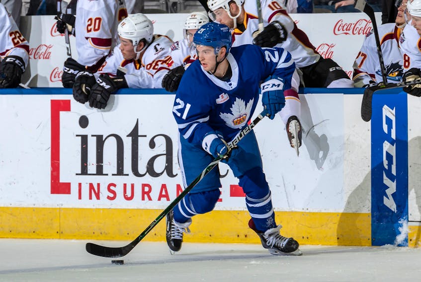 Joseph Duszak, shown playing with the Toronto Marlies in their final game of the 2018-19 American Hockey League regular season, is one of two rookie defencemen on the Newfoundland Growlers who are signed to entry-level contracts with the parent Toronto Maple Leafs. — Toronto Marlies photo