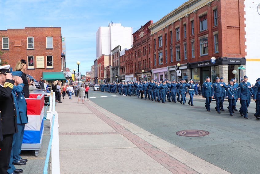 The Royal Canadian Air Force (RCAF) Association held the 79th annual Battle of Britain Parade Sunday in downtown St. John’s to commemorate those lost in the largest air battle in the history of human conflict. The parade involved members of the 150 Royal Canadian Air Force (North Atlantic) Wing of the RCAF Association of Canada and the RCAF Reserve Flight Torbay, along with the CLB Band. Commemoration activities also included a church service at the Anglican Cathedral and the laying of wreaths at the National War Memorial. Pictured: At left Lt.-Gov. Judy Foote reviews the parade during a march past on Water Street. What became known as the Battle of Britain took place between July and November 1940 between the air forces of Britain and Germany. The Royal Air Force pilots — determined to prevent a possible Nazi invasion — were successful in defeating the more experienced German Luftwaffe pilots. It was the first major loss for Germany during the Second World War. Ninety-four Canadian pilots fought with the RAF, including two from Newfoundland and Labrador.