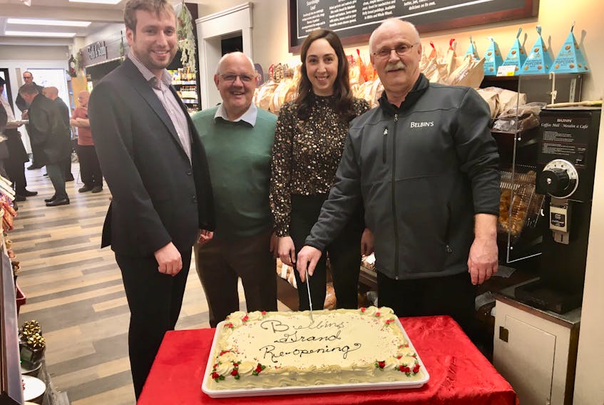 Belbin’s Grocery on Quidi Vidi Road in St. John's held its grand reopening Thursday. On hand for the ceremony were, from left, Aiden Coleman, director of business development for the Coleman Group of Companies, Bill Coleman, director of bakery operations, Rebecca Stokes, general manager of Belbin’s Grocery, and Gerry Tuck, Belbin’s Grocery store manager. — ROSIE MULLALEY/THE TELEGRAM