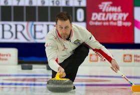 Brad Gushue got perfect marks on all 18 rocks he threw as he and Team Canada defeated Ontario 6-2 in the opening draw of the 2021 Tim Hortons Brier Friday night in Calgary. — Curling Canada photo