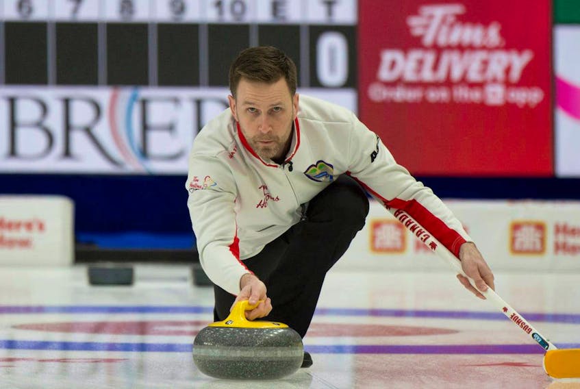 Brad Gushue got perfect marks on all 18 rocks he threw as he and Team Canada defeated Ontario 6-2 in the opening draw of the 2021 Tim Hortons Brier Friday night in Calgary. — Curling Canada photo
