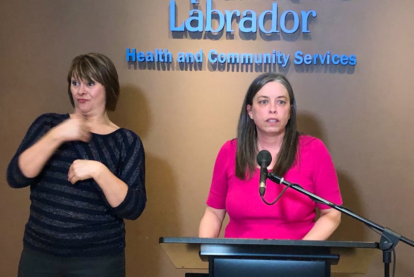 Denika Philpott-Pike, ASL translator, and Newfoundland and Labrador’s chief medical officer, Dr. Janice Fitzgerald update media today on COVID-19. Joe Gibbons photo