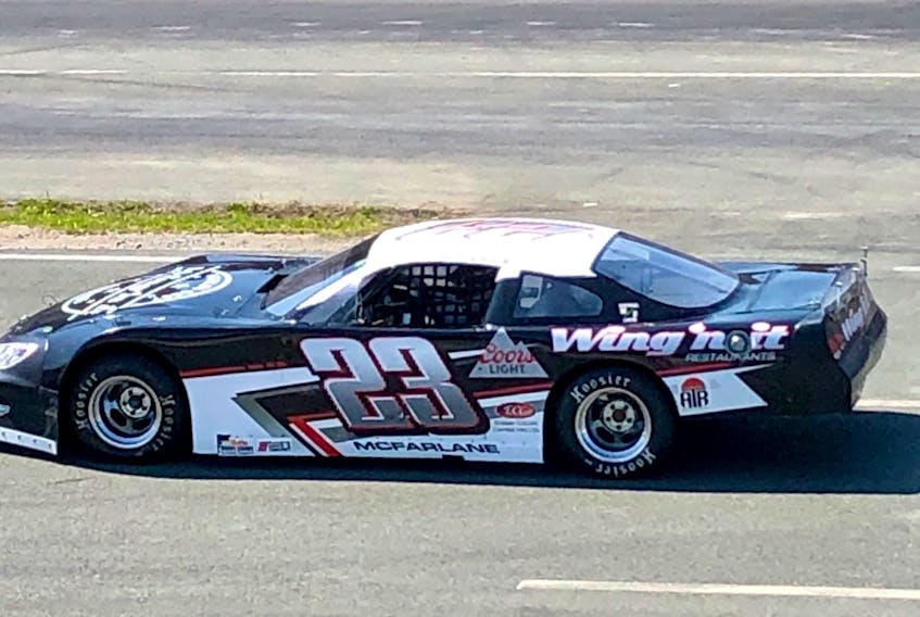 At the midway mark of the 2019 season, Brandon McFarlane has his No. 23 Wing’n’it ride at the top of the standings in the NASCAR Whelen All-American Series at Eastbound Speedway. — Submitted