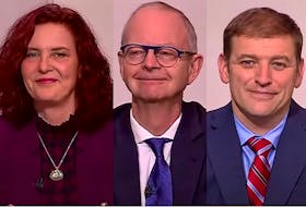 The three leaders who participated in Wednesday's televised debate from the chambers of the Newfoundland and Labrador House of Assembly, from left, the NDP's Alison Coffin, PC's Ches Crosbie and Liberal's Andrew Furey, were all smiles as the event started. — CPAC/YouTube Screenrabs