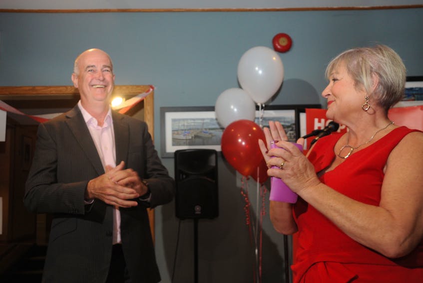 Ken McDonald, pictured with his wife Trudy, celebrating his victory in the Avalon riding on election night for the Liberals.