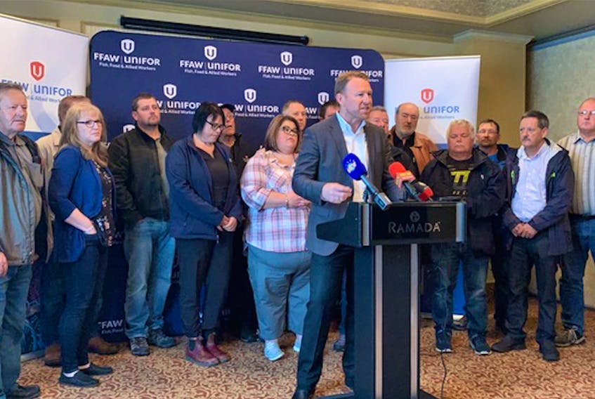 FFAW-Unifor president Keith Sullivan addresses members of the media during a news conference Tuesday in St. John’s. A number of fish harvesters attended the conference to call for the province’s help to break an alleged five-processor monopoly of the inshore fishery.