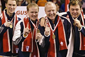 The gold-winning Olympic Team Gushue (from left) Brad Gushue, Mark Nichols, Russ Howard and Jamie Korab. (Missing from photo is Mike Adams). FILE PHOTO