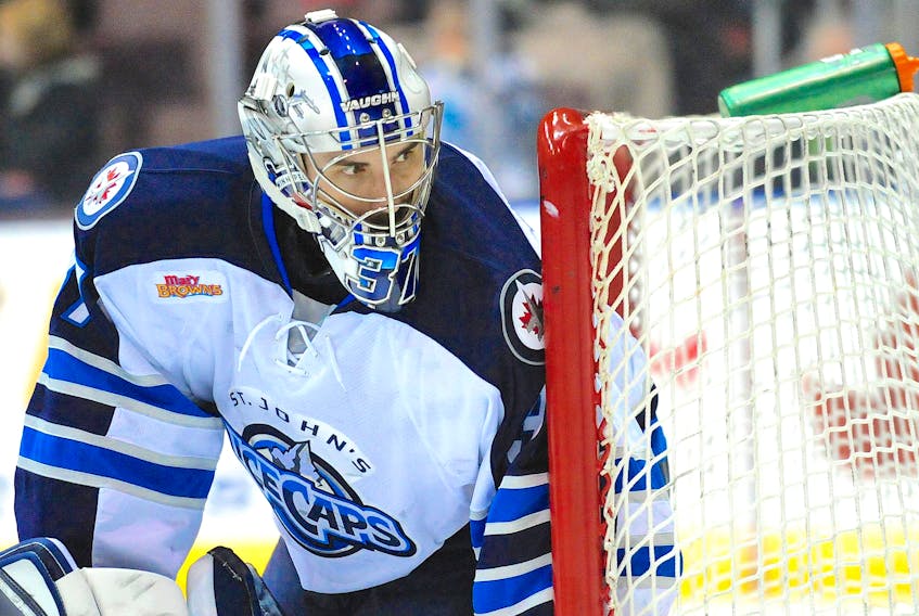 Connor Hellebuyck is shown a file photo from the 2014-15 American Hockey League season, when he turned pro as a member of the St. John's IceCaps. Five years after spending a full season with St. John's, Hellebuyck has been named winner of the Vezina Trophy as the top goaltender in the National Hockey League. — File photo/St. John's IceCaps