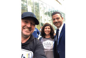 From the left, Trevor and Roxanne Harnum with late-night talk show host Jimmy Kimmel in New York City.
