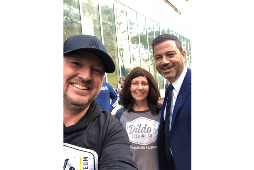 From the left, Trevor and Roxanne Harnum with late-night talk show host Jimmy Kimmel in New York City.