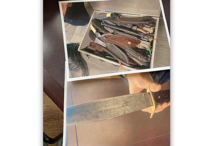 These pictures show the cache of knives the Royal Canadian Mounted Police say was seized from the trick of a Shoal Brook man who allegedly threatened political candidates on the province's west coast Tuesday.