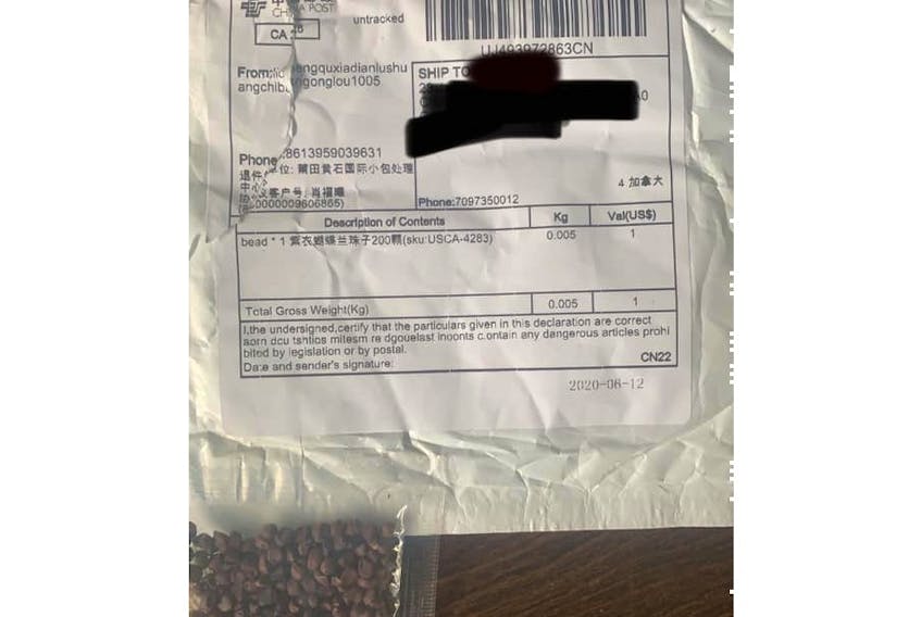 This is one of the packages Renee Ball received in the mail from China containing mystery seeds. The Canadian Food Inspection Agency is warning people not to plant seeds they recive and said they've had reports of mystery seeds showing up in most Canadian provinces. - Contributed