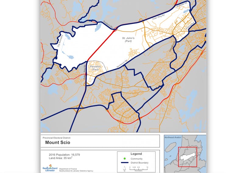 The district of Mount Scio stretches south and west all the way from the centre of St. John's to include a portion of the town of Paradise, making it one of the most populous ridings in the province. — Elections NL